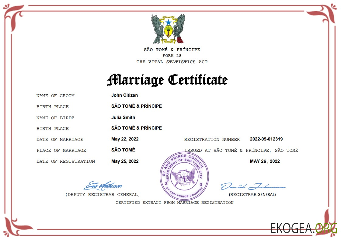 Modèle Word et PDF d'acte de mariage à Sao Tomé et Principe